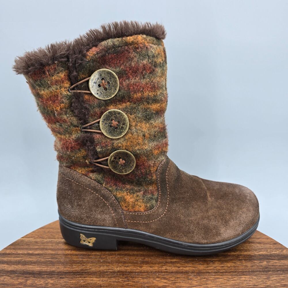 Alegria Nanook Boots Womens 6 36 Brown Suede Leather Knit Faux Fur Lined Buttons
